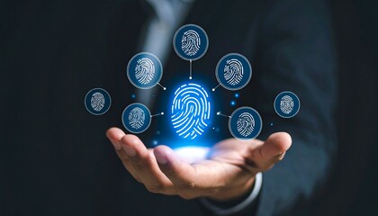 A three-dimensional icon in the shape of a fingerprint floating above a man's hand