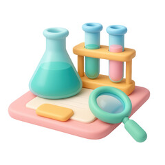 Colorful 3D claymorphic laboratory equipment with flasks, test tubes, and a magnifying glass on a work surface