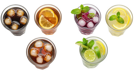 Collection of refreshing summer drinks in glasses isolated on transparent background