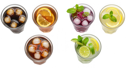 Collection of refreshing summer drinks in glasses isolated on transparent background