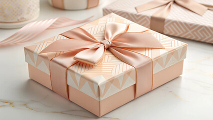 Stylish Pastel Gift Box with Large Satin Bow on Marble Table. The box is displayed on a white marble surface with a subtle golden veining. Additional boxes and ribbons are blurred in the background.