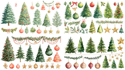 Festive watercolor illustration of Christmas trees, ornaments, stars, and garlands, perfect for holiday cards, seasonal decor, and winter designs.

