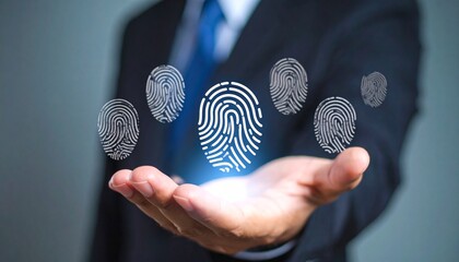A three-dimensional icon in the shape of a fingerprint floating above a man's hand