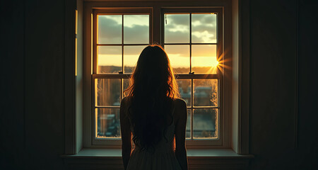 A dramatic silhouette of a woman with long wavy hair standing at a large window, gazing toward the setting sun. The sunlight streams through the glass, creating a golden flare and casting warm light.