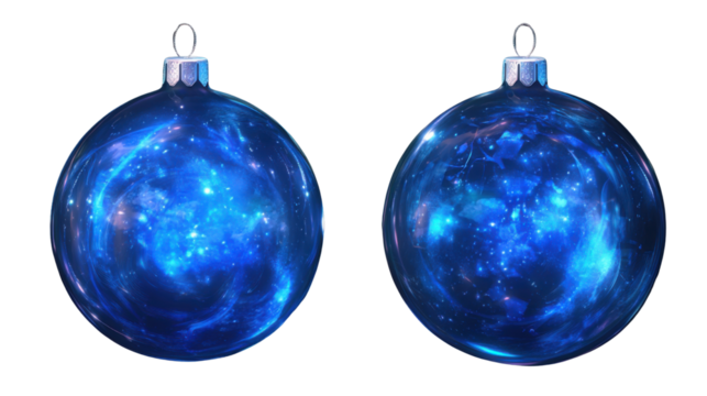 Two blue glowing Christmas ornaments with abstract design festive holiday decorations modern seasonal decor isolated on white background