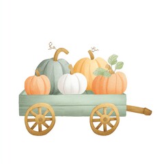 Harvest Time A Watercolor Delight of Pumpkins in a Rustic Wooden Cart, Autumnal Hues Abound
