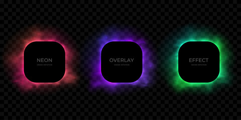 Set of glowing vibrant frames with neon smoke imitation isolated on black background. Pink, purple, green illumination, square border designs. Abstract gradient colorful templates for banner, poster © v1ra