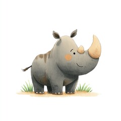 Fototapeta premium Adorable Baby Rhino in Watercolor, Standing Proudly in a Lush Green Meadow