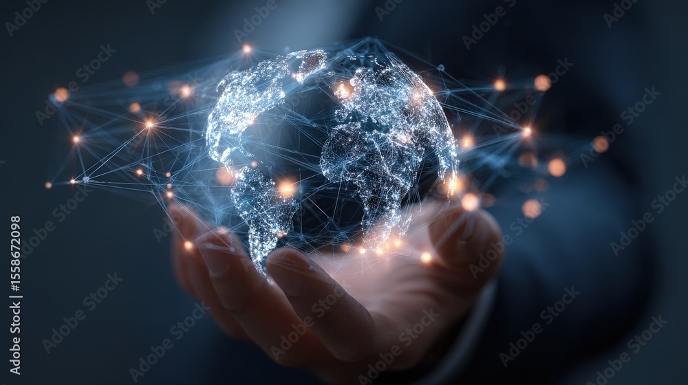 Poster a hand holding a globe with a lot of lines and dots on it. the globe is blue and the lines and dots 