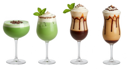 Four refreshing cocktails with mint and chocolate, isolated on transparent background