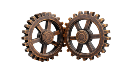 Two brown gear wheels 3D render icon mechanical system component industrial engineering concept isolated on white background
