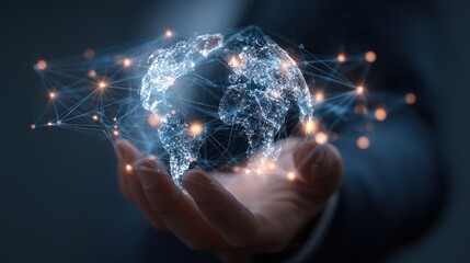 A hand holding a globe with a lot of lines and dots on it. The globe is blue and the lines and dots are orange