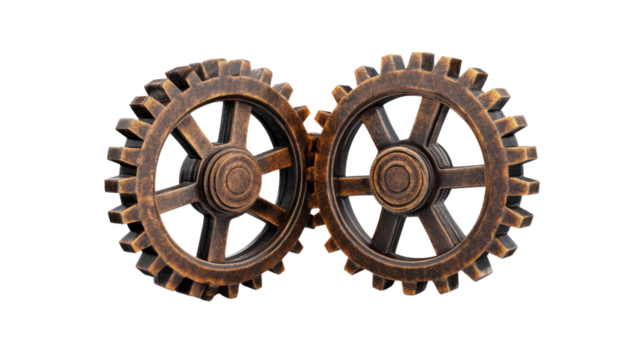 Two brown gear wheels 3D render icon mechanical system component industrial engineering concept isolated on white background