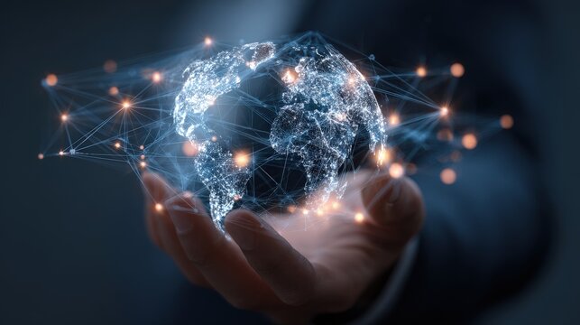 A hand holding a globe with a lot of lines and dots on it. The globe is blue and the lines and dots are orange