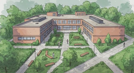 A modern, brick school building nestled in a landscaped courtyard, surrounded by lush greenery and pathways.