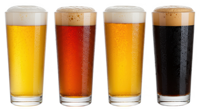 Four glasses of different beers, showing variations in color and foam, isolated on transparent background