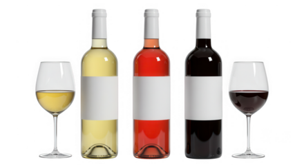 Three bottles of wine with glasses, showcasing red, white, and rose varieties, isolated on transparent background