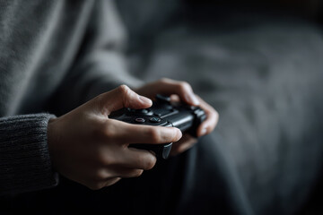 portrait of gamer on left side of frame displaying relaxed emotion in dynamic setting
