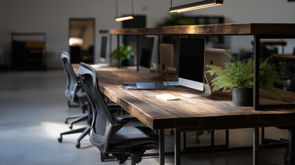 Minimalist open office with gray and dark wood tones, embodying simplicity and natural elegance.