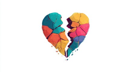 Broken heart symbol with cracks flat design side view breakup theme cartoon drawing Triadic Color Scheme. 