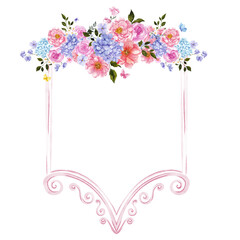 Hand draw frame with watercolor romantic flowers, leaves. Meadow floral and herbs, isolated on white background