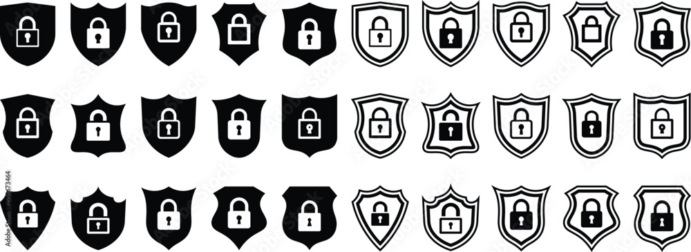 Poster collection of shield and lock icons illustrating cybersecurity and security concepts