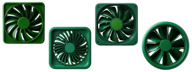Set of green electric cooling fan blades in round and square casings