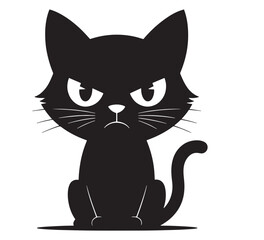 Grumpy black cat silhouette with angry eyes and curled tail