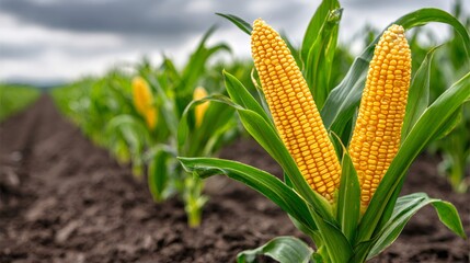 Obraz premium Vibrant corn stalks growing in fertile field