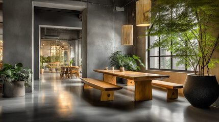 Fototapeta premium Minimalist open office with gray and dark wood tones, embodying simplicity and natural elegance.