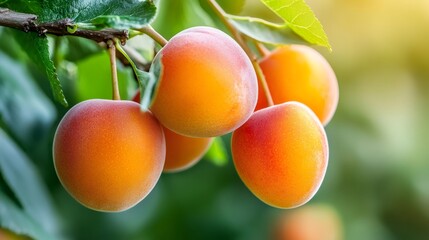 Ripe apricots hanging on branch in orchard sunlight