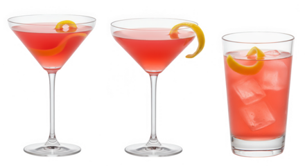 Cosmopolitan cocktails in martini glasses and rocks glass isolated on transparent background