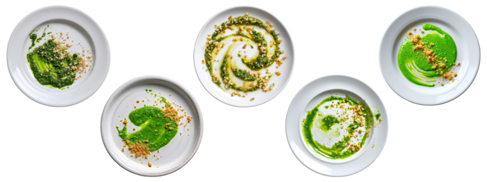 Creative plating with green sauce and crumbs on white ceramic plates