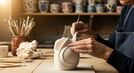 Sculpting Ceramic Art in a Pottery Studio.AI-generated
