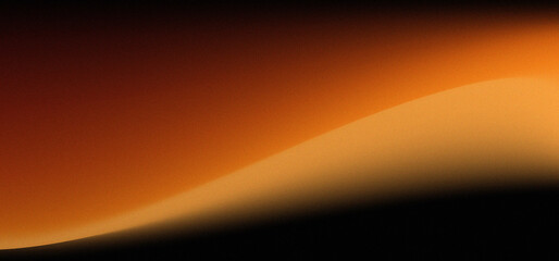 Sleek wave of orange color on black background with grain texture effect. Grainy orange and black abstract background. 