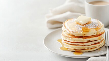 Bright breakfast setup with pancake stack and latte on white surface. Clean and bright kitchen background