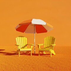 Adirondack chairs and umbrella on orange background