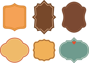 Six decorative vintage label shapes with decorative stitching and various colors