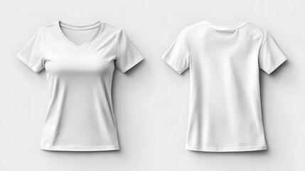 White t-shirt front and back template on neutral background. Realistic mockup of a classic white women’s t-shirt, showing front and back views on a clean, neutral background. Perfect for branding or f