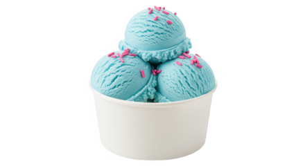 Three scoops of refreshing blue ice cream with pink sprinkles, isolated on transparent background