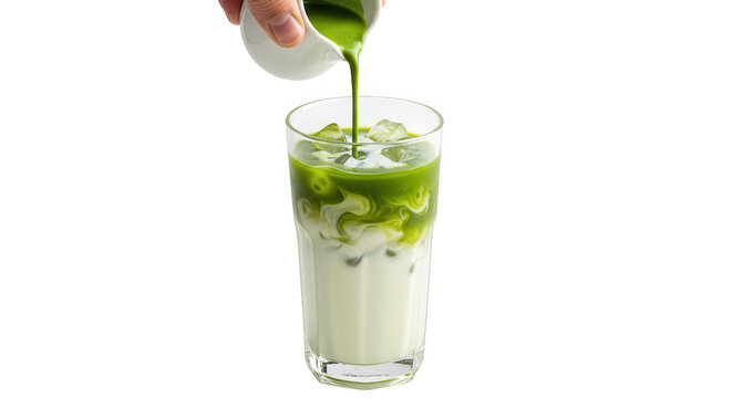 A refreshing iced matcha latte being poured into a glass, isolated on transparent background