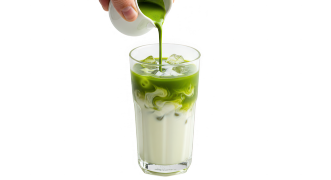 A refreshing iced matcha latte being poured into a glass, isolated on transparent background