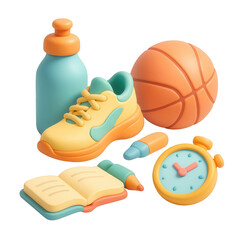 Colorful 3D claymorphic sports health and fitness icons with water bottle, shoe, basketball, stopwatch, and notebook