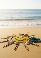 Beach sand drawing of sun with sunglasses