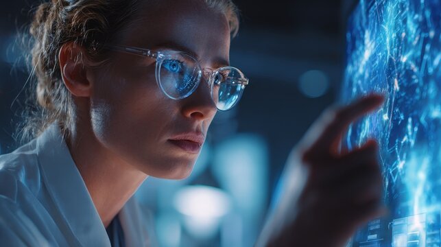A woman wearing glasses is pointing at a computer screen. The screen is blue and has a lot of information on it - Powered by Adobe