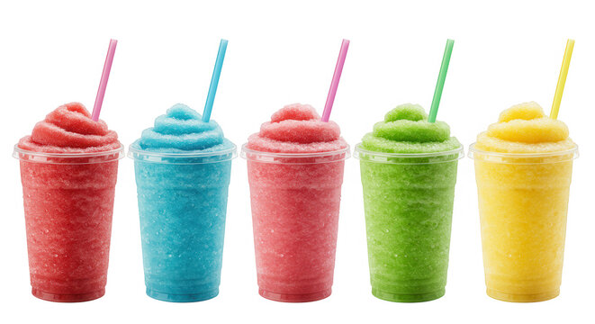 Five colorful slushies in plastic cups with straws, isolated on transparent background