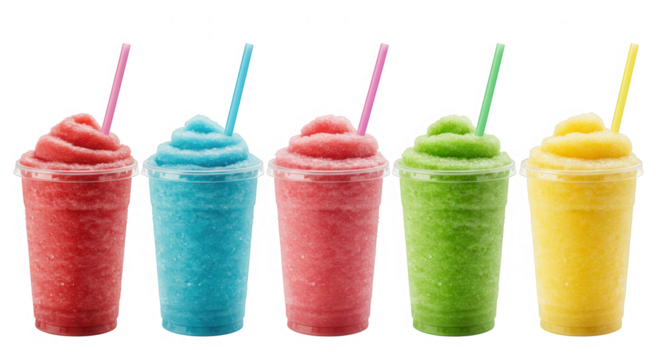 Five colorful slushies in plastic cups with straws, isolated on transparent background