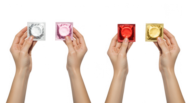 Four hands hold condoms in silver, pink, red, and gold foil packaging, isolated on transparent background