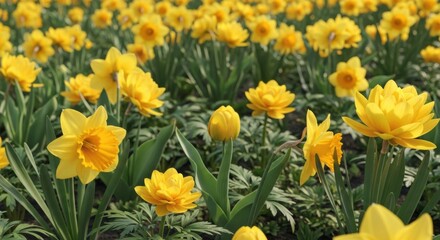 Obraz premium Vibrant Yellow Daffodils Blooming in a Lush Garden Under the Bright Sun