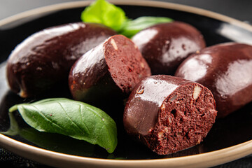 Black pudding sausage fresh delicious gourmet food background on the table rustic food top view...